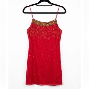 Vintage 90s Y2K Beaded Mini Slip Dress Red Gold Sequin Fairycore Cocktail Small